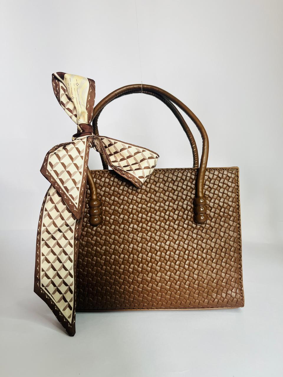 Ladies Handbag Large Capacity Casual Bag with a Ribbon- Coffee