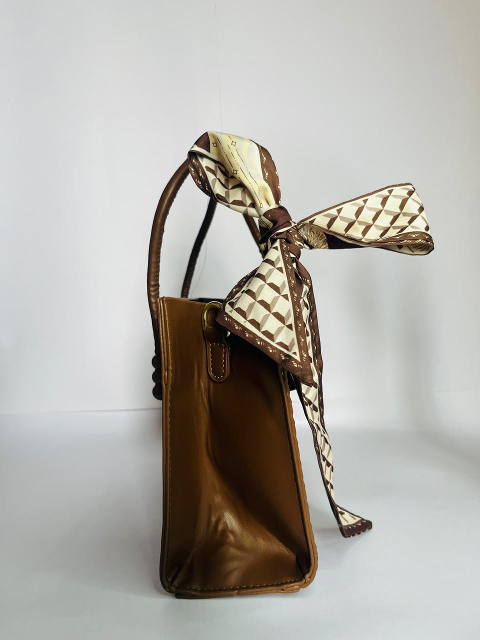 Ladies Handbag Large Capacity Casual Bag with a Ribbon- Coffee